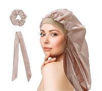 WUBAYI Gorro de Seda para Cabello para Dormir, Gorro de Dormir de Satén con Banda Elástica Ancha, Gorro Suave para Dormir para Mujeres y Niñas con Cabello Rizado (Champán)