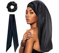 WUBAYI Gorro de Seda para Dormir de Satén con Banda Elástica Ancha, Suave para Mujeres y Niñas, Cabello Rizado (Color Negro)