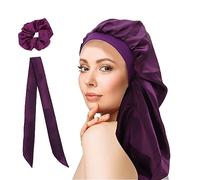 WUBAYI Gorro de seda para dormir, gorro de satén con banda elástica ancha, gorro de dormir suave para mujeres y niñas, cabello rizado, Morado (, L