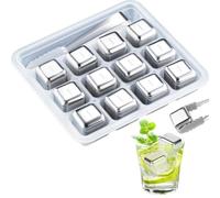 WUBAYI Paquete de 12 cubitos de hielo reutilizables - Acero inoxidable 304 con pinzas y caja de almacenamiento - Hielo congelador para vino/vodka/whisky/cerveza/jugos