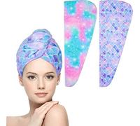 WUBAYI Paquete de 2 Toallas Envolventes de Microfibra para el Cabello - Toalla de Secado Rápido y Elástica con Botón, Diseño de Sirena Súper Absorbente para Mujeres y Niñas para Envolver el Cabello