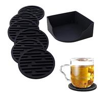 WUBAYI Posavasos de silicona, 6 posavasos de silicona con soporte, posavasos gruesos drenables, adecuados para bebidas frías, bebidas calientes, hogar, bar, antiadherente, fácil de limpiar (negro)