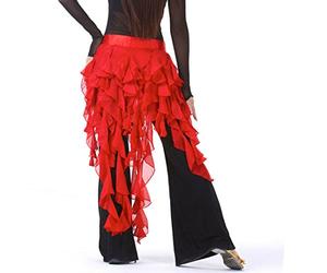 Wuchieal Falda de danza del vientre para mujer, cinturón de danza latina, falda ondulada con borlas, Rojo, Talla única