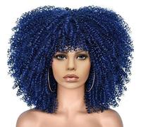 Wudaizhi 14 Pulgadas Pelucas Afro Rizadas para Mujeres Negras Peluca Rizada Afro Rizado con Flequillo Sin Pegamento Lleno Y Esponjoso como Una Bomba De Peluca Completa (Azul Ombre)