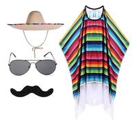 Wudaizhi Conjunto De Disfraces De Fiesta Mexicana para Niños Incluye Poncho De Sarape Mexicano Sombrero Gafas De Bigote Falso para Disfraz De Carnaval De Halloween Cinco De Mayo
