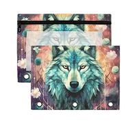 Wudan Alchemy Ocult Wolf Totem Floral 3 Ring Binder Pencil Pouch 2 Pack Clear Waterproof Plastic Pencil Case with Zipper Cosmetic Bag Office Document Organizer