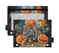 Wudan Angel Death - Estuche para lápices de 3 anillos de calabaza de Halloween, paquete de 2 estuches de plástico transparente impermeable con cremallera, bolsa de cosméticos, organizador de