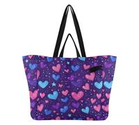 Wudan Bolsas de lona reutilizables para la cocina, bolsas de comestibles para dama de honor, bolsa de viaje para cocina, tienda, corazones morados, día rojo y azul estrellas