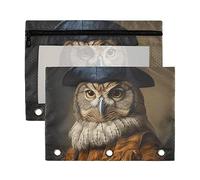 Wudan Búho clásico pintura al óleo Rembrandt estilo 3 anillos carpeta lápiz bolsa 2 Pack transparente impermeable plástico lápiz caso con cremallera bolsa cosméticos oficina organizador de documentos