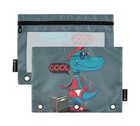 Wudan Dinosaur Rock Star - Estuche para lápices de 3 anillos, paquete de 2 estuches de plástico transparente impermeable con cremallera, bolsa de cosméticos, organizador de documentos de oficina
