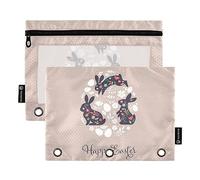 Wudan Happy Easter Bunnies - Estuche para lápices de 3 anillos, paquete de 2 estuches de plástico transparente impermeable con cremallera, bolsa de cosméticos, organizador de documentos de oficina