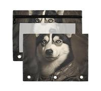 Wudan Husky Dog Rembrandt - Estuche para lápices de 3 anillos con diseño de perro clásico, transparente, impermeable, con cremallera, bolsa de cosméticos, organizador de documentos de oficina