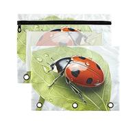 Wudan Ladybugs with Seven Stars on Leaves 3 Ring Binder Pencil Pouch 2 Pack Clear Waterproof Plastic Pencil Case with Zipper Cosmetic Bag Office Document Organizer