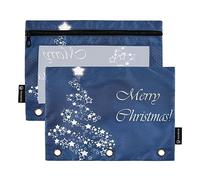 Wudan Merry Christmas - Estuche para lápices de 3 anillos con purpurina azul, 2 unidades, estuche de plástico transparente impermeable con cremallera, bolsa de cosméticos, organizador de documentos de