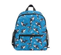 Wudan Mochila de viaje para niños con bolsillos, bolsa de libros para estudiantes para jardín de infantes, Killer Whales Bright Blue, Small