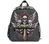Wudan Mochila personal para niños, clips resistentes, Skull Cross Y2k Goth | Mochila para niños que se limpia con un paño para guardería, centro comercial