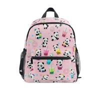 Wudan Mochilas para niños con bolsillos, bolsa de libros para estudiantes para parque de atracciones, Patrón de panda rosa y té Boba, M