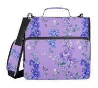 Wudan Nature Delphinium - Organizador de carpetas moradas con correa para el hombro y asa, fácil de llevar, 3 anillos, estuche para lápices, carpeta para el hogar, viaje, tarjetas, contenedor de