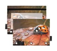 Wudan Seven Star Ladybugs Leaves Orange - Estuche para lápices de 3 anillos, paquete de 2 estuches de plástico transparente impermeable con cremallera, bolsa de cosméticos, organizador de documentos