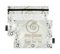 Wudan Snowflakes Shiny 2021 Merry Christmas and Happy New Year - Estuche para lápices de 3 anillos, paquete de 2 estuches de plástico transparente impermeable con cremallera, bolsa de cosméticos,