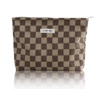 Wudygirl Bolsa de maquillaje, bonita bolsa de cosméticos de pana, bolsa de aseo de viaje de gran capacidad para mujeres y niñas, bolsa organizadora de maquillaje con cremallera, Cuadros marrones, Moda