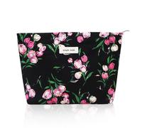 Wudygirl Bolsa de maquillaje, bonita bolsa de cosméticos de pana, bolsa de aseo de viaje de gran capacidad para mujeres y niñas, bolsa organizadora de maquillaje con cremallera, Negro Floral, Moda