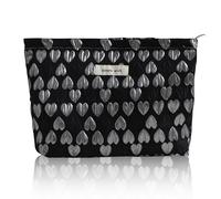 Wudygirl Bolsa de maquillaje, bonita bolsa de cosméticos de pana, bolsa de aseo de viaje de gran capacidad para mujeres y niñas, bolsa organizadora de maquillaje con cremallera, Negro (black Heart
