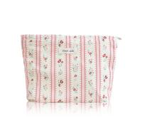 Wudygirl Bolsa de maquillaje, bonita bolsa de cosméticos de pana, bolsa de aseo de viaje de gran capacidad para mujeres y niñas, bolsa organizadora de maquillaje con cremallera, Floral a rayas rosas