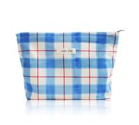 Wudygirl Bolsa de maquillaje, bonita bolsa de cosméticos de pana, bolsa de aseo de viaje de gran capacidad para mujeres y niñas, bolsa organizadora de maquillaje con cremallera, Línea blanca azul,