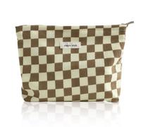 Wudygirl Bolsa de maquillaje, bonita bolsa de cosméticos de pana, bolsa de aseo de viaje de gran capacidad para mujeres y niñas, bolsa organizadora de maquillaje con cremallera, Caqui a cuadros