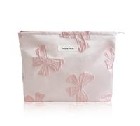 Wudygirl Bolsa de maquillaje, bonita bolsa de cosméticos de pana, bolsa de aseo de viaje de gran capacidad para mujeres y niñas, bolsa organizadora de maquillaje con cremallera, Lazo rosa grande, Moda