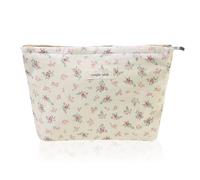 Wudygirl Bolsa de maquillaje de flores para mujeres y niñas, bolsa de maquillaje de gran capacidad, bonita bolsa de maquillaje de lona, bolsa de aseo con cremallera (beige y flores pequeñas)