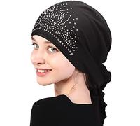 WUERKIYA Bufanda Pre-Impresa Estampada para La Cabeza - Pañuelo Plisado para Mujer - Tocado para Quimio - Gorro Negro
