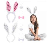 WUERKIYA Disfraz Conejita 6pcs Orejas de Conejo Cola de Felpa Accesorios de Disfraz Bunny Mujer Niña Adulto para Fiesta Pascua Cosplay - Rosa + Blanco