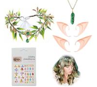 WUERKIYA Orejas de Elfo + Corona Floral + Collar Turquesa + Pegatinas de Diamantes de Colores, Set de 2 Pares de Orejas de Elfo, Accesorios para Cosplay, Fiesta de Disfraces, Halloween, Carnaval