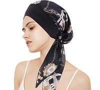 WUERKIYA Pañuelo para La Cabeza Mujer, Tocado para Quimio, Conjunto Preatado Plisado, Gorro - Negro Cadena