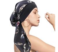 WUERKIYA Pañuelo para La Cabeza Plisado - Tocado para Mujer y Gorro para Quimio - Conjunto Preatado Negro con Pluma