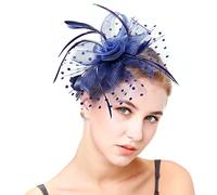 WUERKIYA Tocado para Mujer Plumaje Diadema Tocado Flor Malla Encaje Clip Sombrero Pluma Accesorio para el Cabello Sombrero para Fiesta Iglesia Boda Cóctel Jockey Club Fascinator Azul Marino