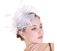 WUERKIYA Tocado para Mujer Plumaje Diadema Tocado Flor Malla Encaje Clip Sombrero Pluma Accesorios para el Cabello Sombrero para Fiesta Iglesia Boda Cóctel Jockey Club Fascinator - Blanco