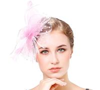 WUERKIYA Tocado para Mujer Plumaje Diadema Tocado Flor Malla Encaje Clip Sombrero Pluma Accesorios para el Cabello Sombrero para Fiesta Iglesia Boda Cóctel Jockey Club Fascinator - Rosado