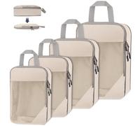 WUFANC 4 Piezas Juego Organizador Maleta Viaje, Bolsas Organizadoras Maleta Comprimibles Impermeables Y FáCiles De Almacenar, Packing Cubes Compression Visibles Y Transpirables (Beige)
