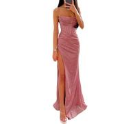 WUFANGBU Vestidos Vestir Dress con Hombros Descubiertos Elegante Vestido Largo con Cuello En V De Lentejuelas para Fiesta De Noche Graduación Delgado Sexy Dividido con Hombros Descubiertos S Rosa
