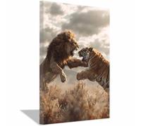 WUFIEA Canvas Wall Art Decoracion Modernos Animales - Arte - León Combate entre león y tigre Cuadro Dormitorio Decoracion Hogar Pared（gris claro270-60x90cm Enmarcado