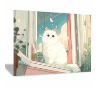 WUFIEA Cuadro moderno de gato sobre lienzo, arte de pared con diseño Gato junto a la ventana arte abstracto para pared, del hogar para sala de estar, dormitorio（blanco-60x90cm Enmarcado