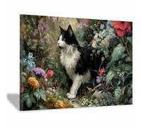 WUFIEA Divertida impresión artística de pared con diseño de gato Gato entre flores. para el hogar, dormitorio, decoración de pared（blanco y negro-20x30cm Enmarcado
