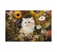 WUFIEA Divertida impresión artística de pared con diseño de gato Gato entre flores para el hogar, dormitorio, decoración de pared（beige-60x90cm Sin marco