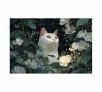 WUFIEA Divertida impresión artística de pared con diseño de gato Gato escondido entre flores para el hogar, dormitorio, decoración de pared（blanco-70x100cm Sin marco