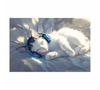 WUFIEA Divertida impresión artística de pared con diseño de gato Gato escuchando una melodía para el hogar, dormitorio, decoración de pared（blanco-70x100cm Sin marco