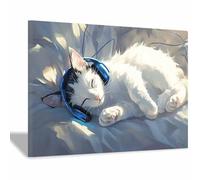 WUFIEA Divertida impresión artística de pared con diseño de gato Gato escuchando una melodía para el hogar, dormitorio, decoración de pared（blanco-60x90cm Enmarcado