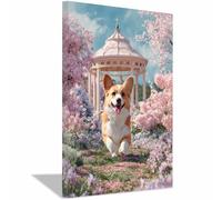 WUFIEA Impresiones de Lienzo de Animale Lindo,Impresión En Lienzo De Perro Corriendo entre las flores Imagen sobre para Decoración del Hogar Oficina（rosa-20x30cm Enmarcado